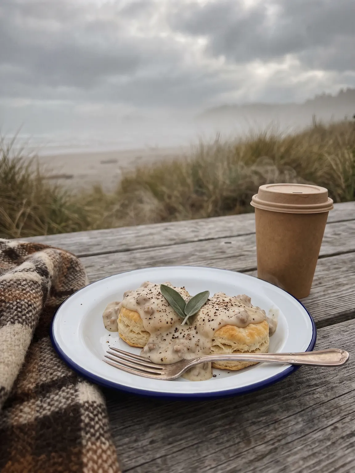 Biscuits and sausage gravy in an enamel plate on a weathered picnic table with dune grass and fog behind