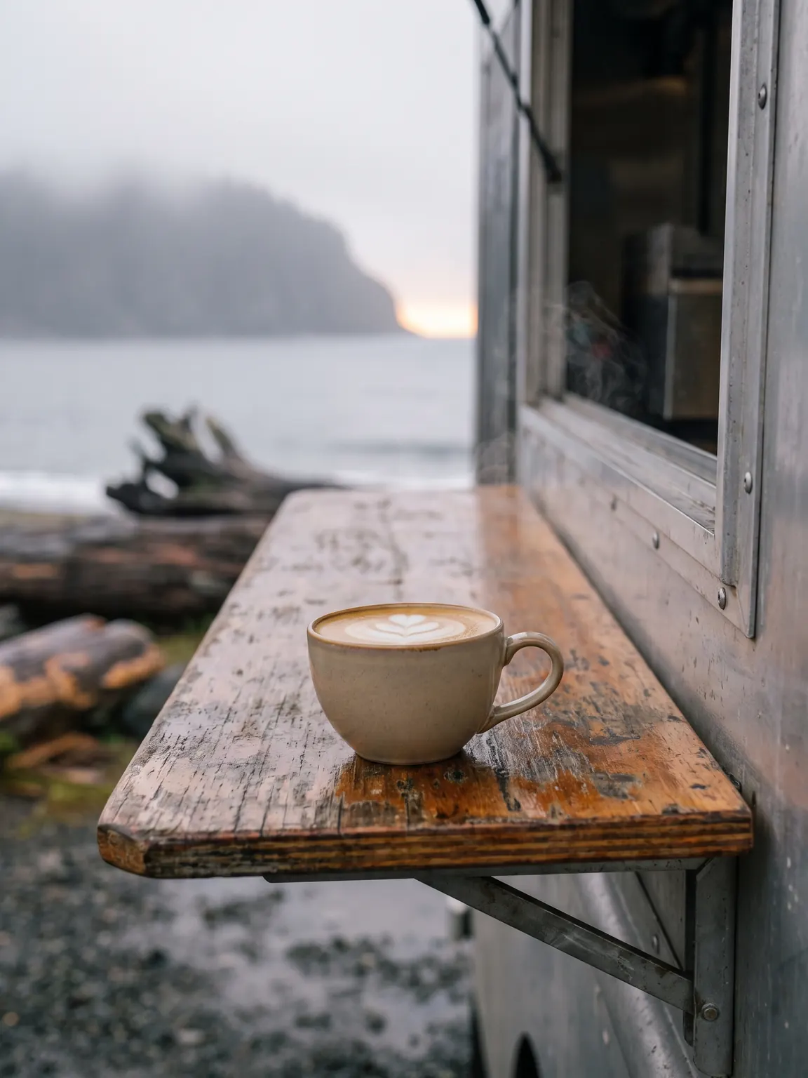 A flat white steaming on the wooden truck counter with the grey morning sea out of focus behind