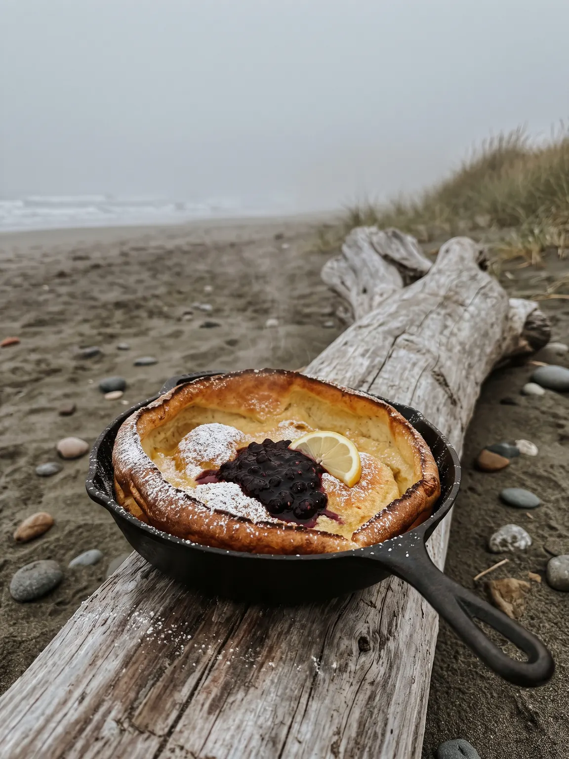 A dutch baby pancake in a cast iron skillet resting on a driftwood log on a foggy beach