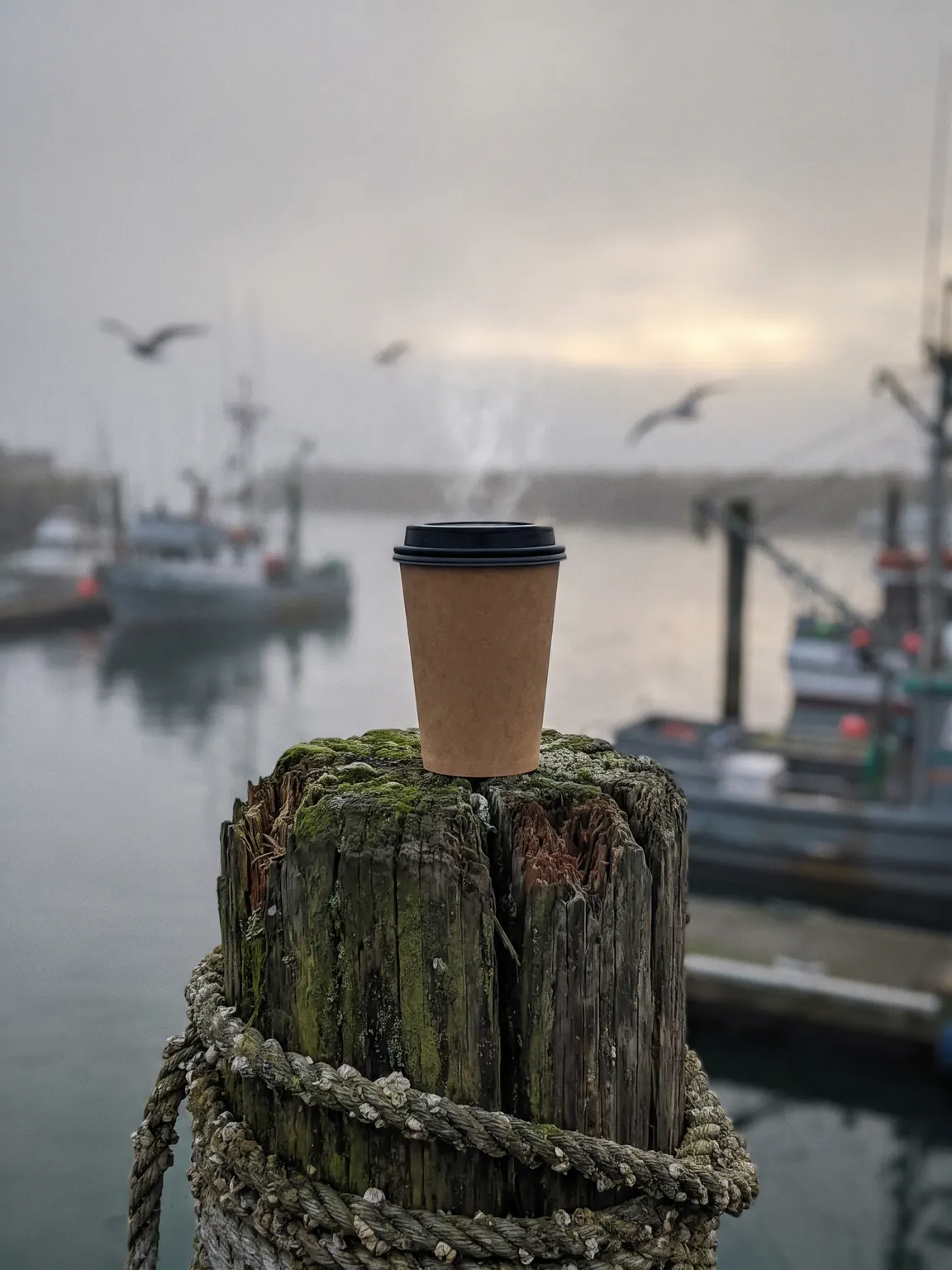 A paper coffee cup steaming on top of a rope-wrapped dock piling with fishing boats blurred in the mist behind