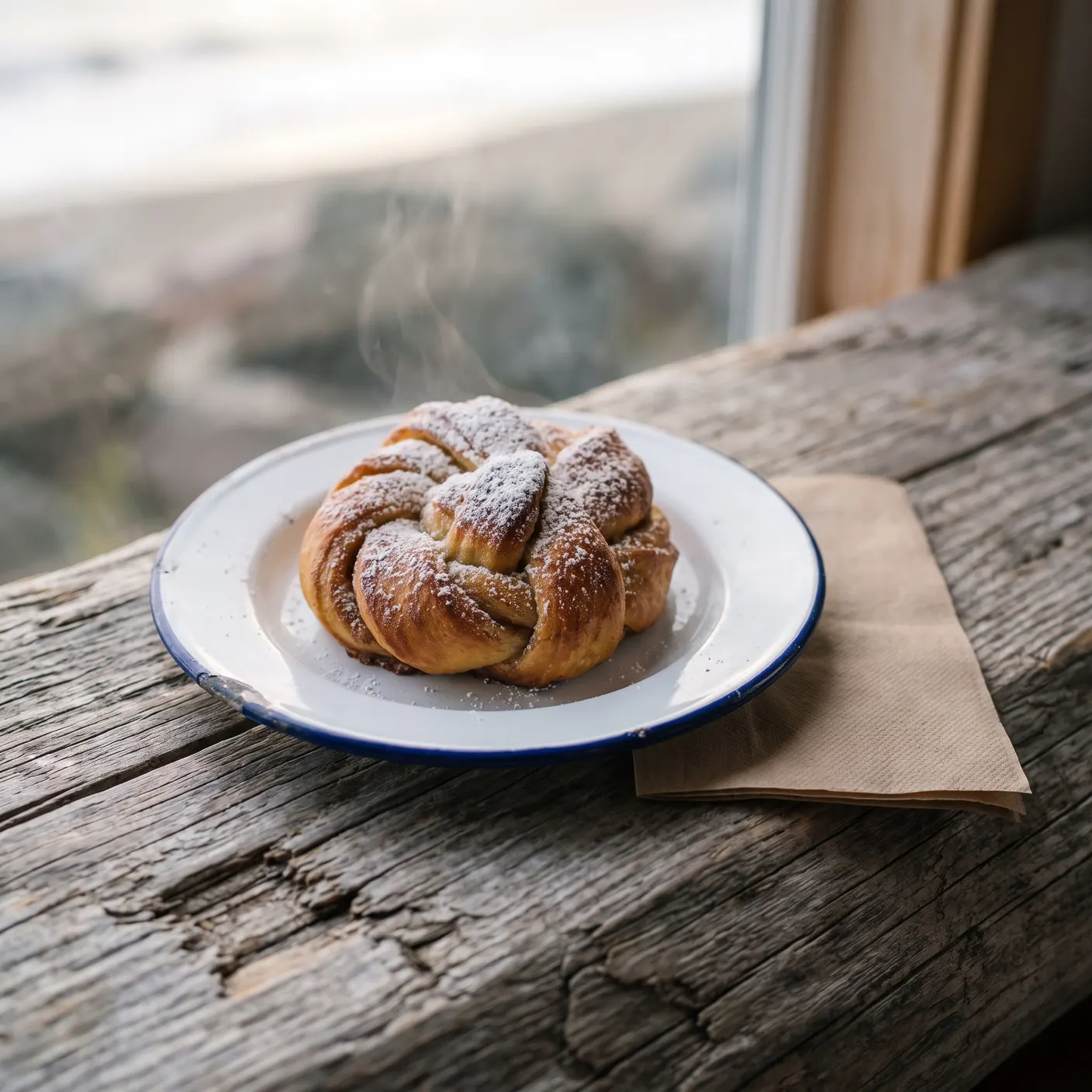 A sugar-dusted cardamom knot pastry on a small enamel plate on weathered wood
