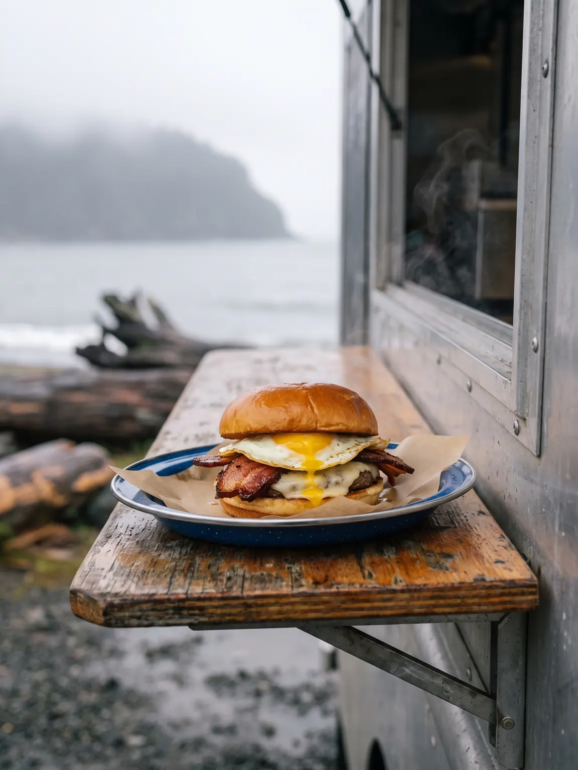A breakfast sandwich with a soft fried egg and bacon in a paper-lined enamel plate on the truck counter